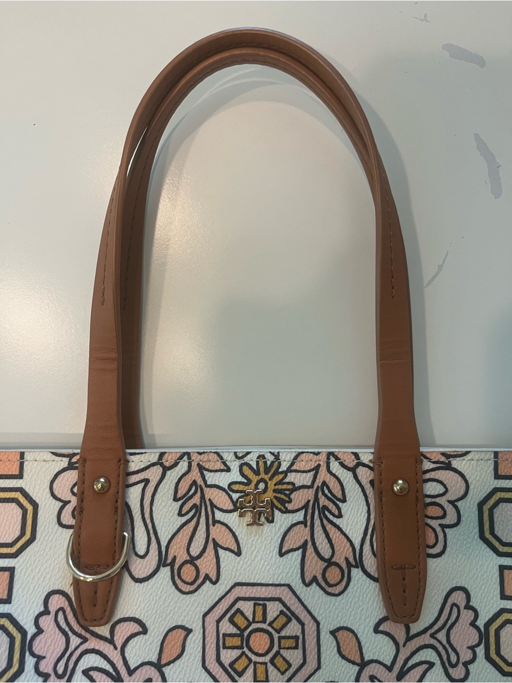 Tory Burch Cream Canvas Floral-Print Tote with Tan Leather Handles - Picture 4 of 15